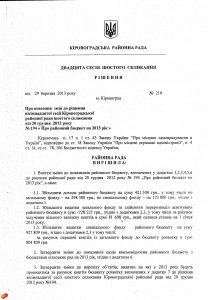 №210: Про внесення змін до рішення вісімнадцятої сесії Кіровоградської районної ради шостого скликання від 20 грудня 2012 року №194 "Про районний бюджет на 2013 рік"
